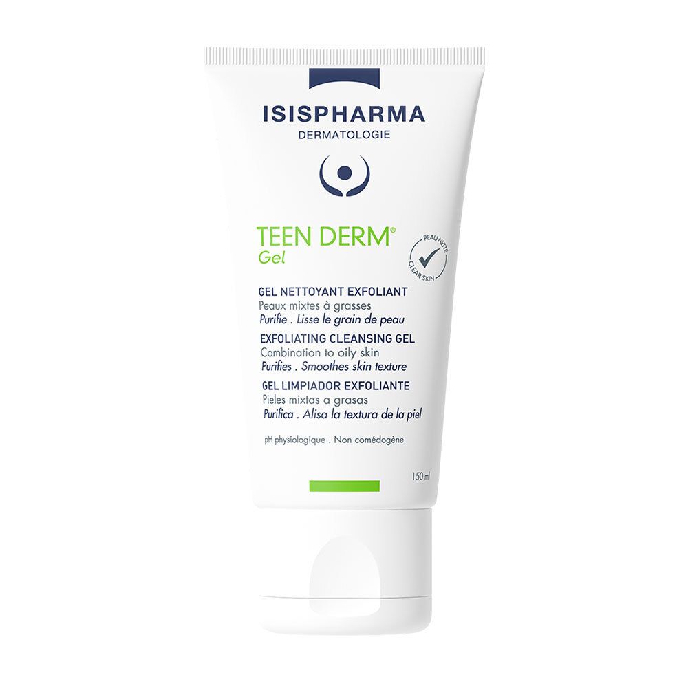 Weiße Tube mit grünem und blauem Aufdruck. Text: ISISPHARMA, Teen Derm Gel, Exfoliating Cleansing Gel. Grünes Logo.