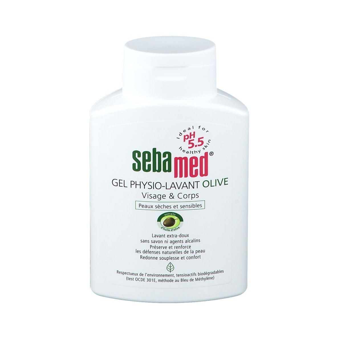 Weiße Flasche mit grünem Etikett. Aufschrift: Sebamed Gel Physio-Lavant Olive, pH 5.5. Für trockene und empfindliche Haut.