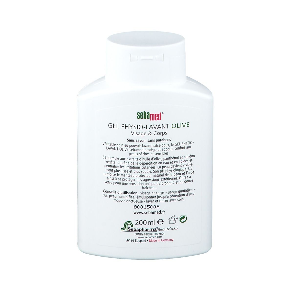 Rückseite einer weißen Flasche. Text: Sebamed Gel Physio-Lavant Olive. Inhaltsstoffe, Anwendungshinweise, 200ml, www.sebamed.com.