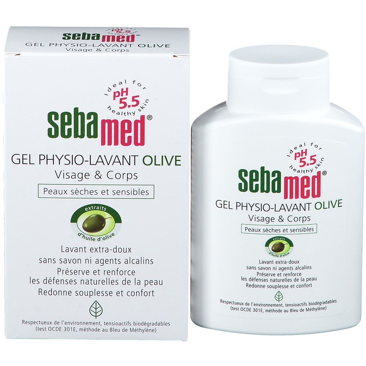 Produktverpackung und Flasche. Verpackung: Sebamed Gel Physio-Lavant Olive. Flasche: pH 5.5, für trockene und empfindliche Haut.