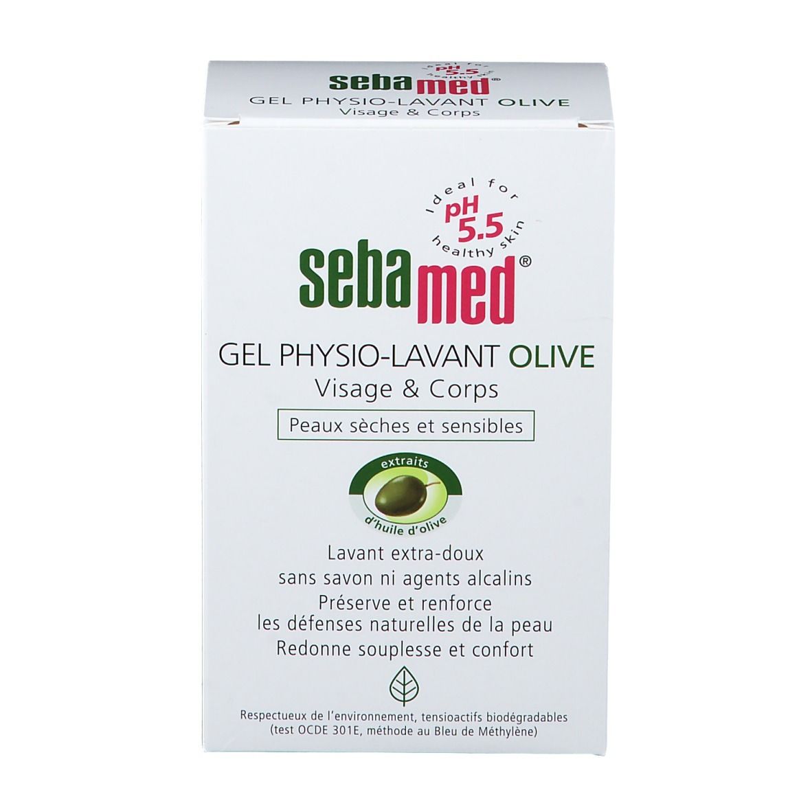 Weiße Produktverpackung. Aufschrift: Sebamed Gel Physio-Lavant Olive, pH 5.5. Für trockene und empfindliche Haut. Mit Olivenextrakt.