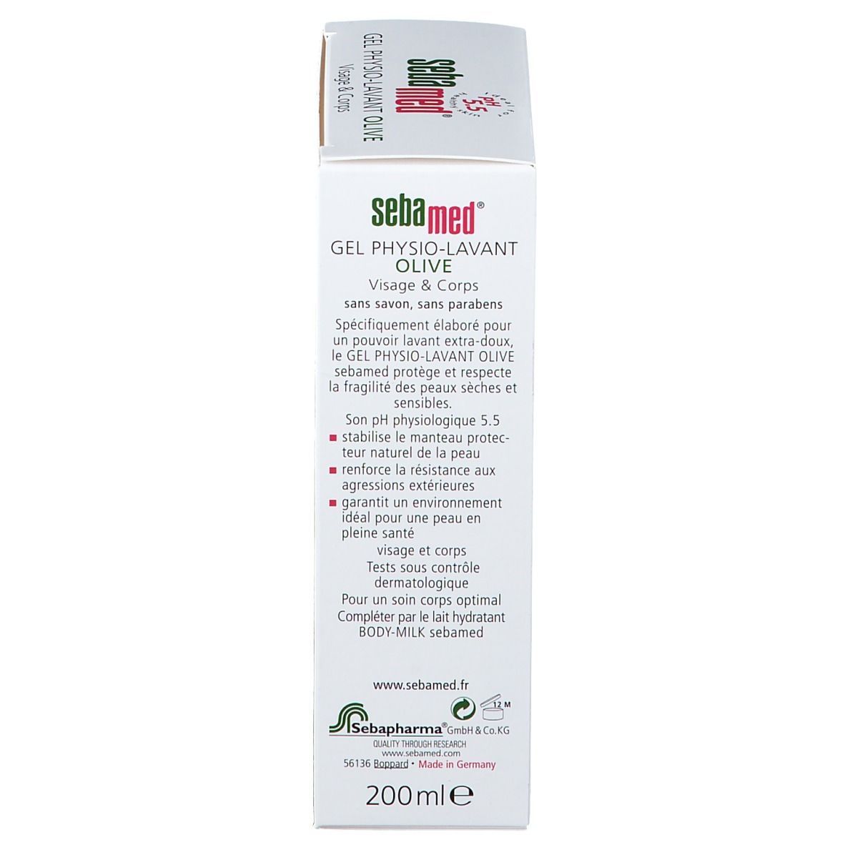 Produktverpackung, Rückseite. Text: Sebamed Gel Physio-Lavant Olive. Inhaltsstoffe, Anwendungshinweise, 200ml, www.sebamed.com.