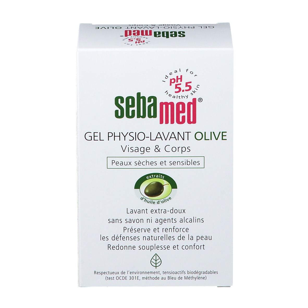Weiße Produktverpackung. Aufschrift: Sebamed Gel Physio-Lavant Olive, pH 5.5. Für trockene und empfindliche Haut. Mit Olivenextrakt.