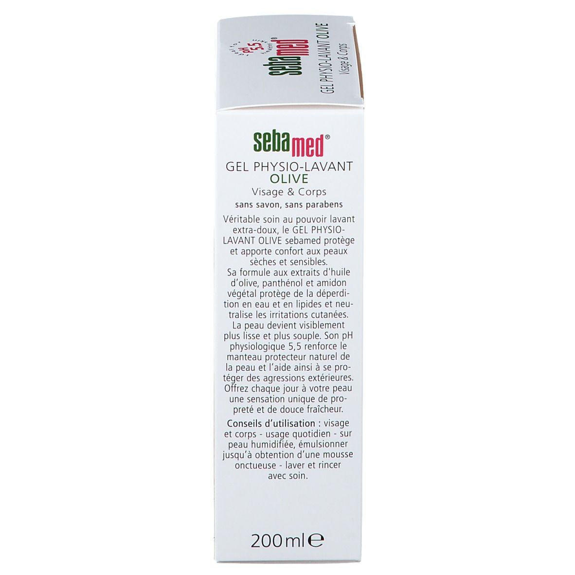 Produktverpackung, Rückseite. Text: Sebamed Gel Physio-Lavant Olive. Inhaltsstoffe, Anwendungshinweise, 200ml, www.sebamed.com.