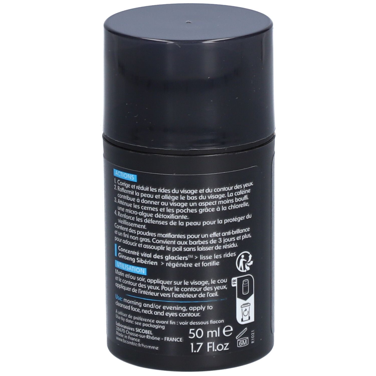 Flacon cylindrique noir. Texte avec informations sur le produit. Inscription: 50 ml 1.7 fl.oz.
