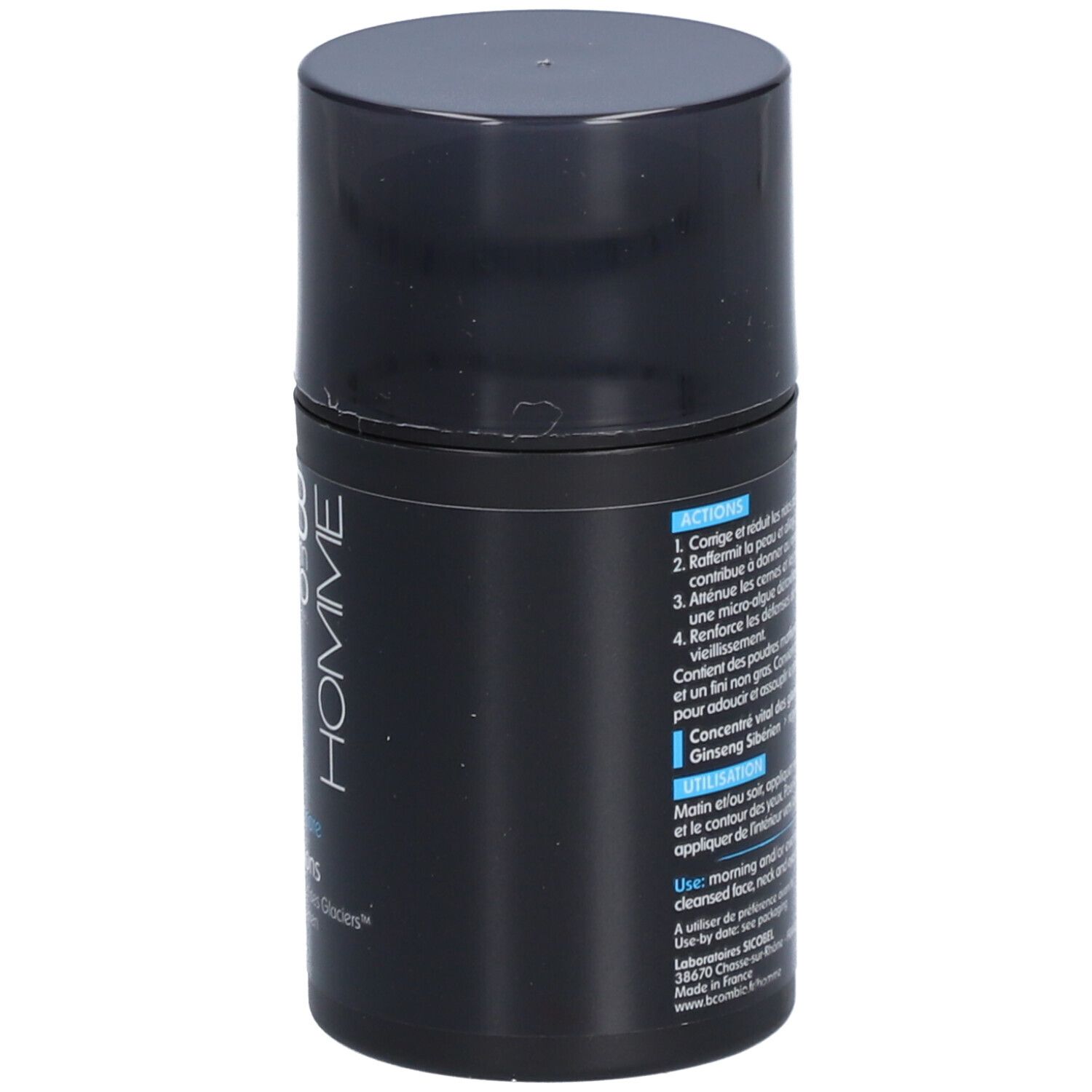 Flacon cylindrique noir. Texte avec informations sur le produit. Inscription: B COM BIO HOMME, Soin anti-âge.