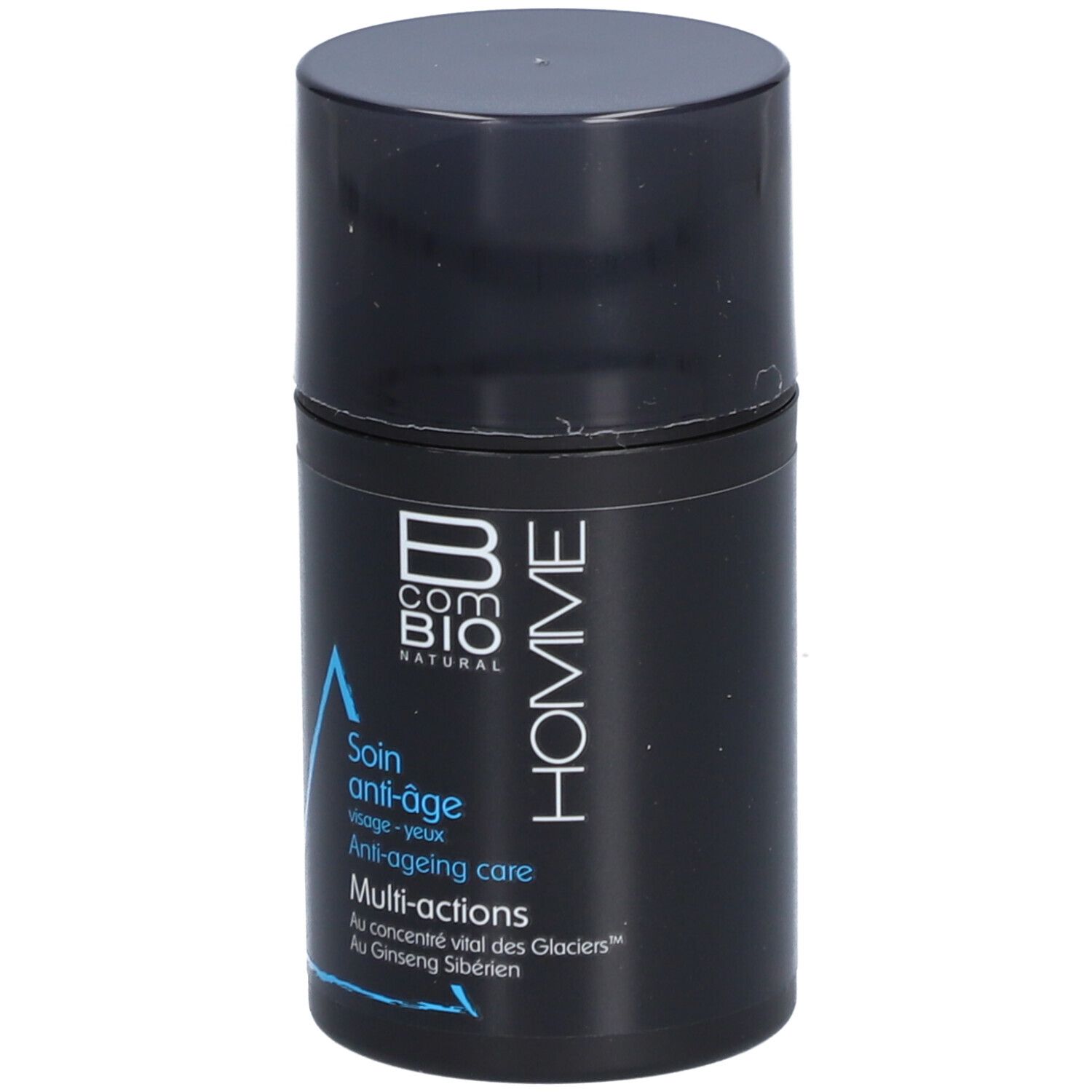 Flacon cylindrique noir avec couvercle. Inscription: B COM BIO HOMME, Soin anti-âge, Multi-actions.