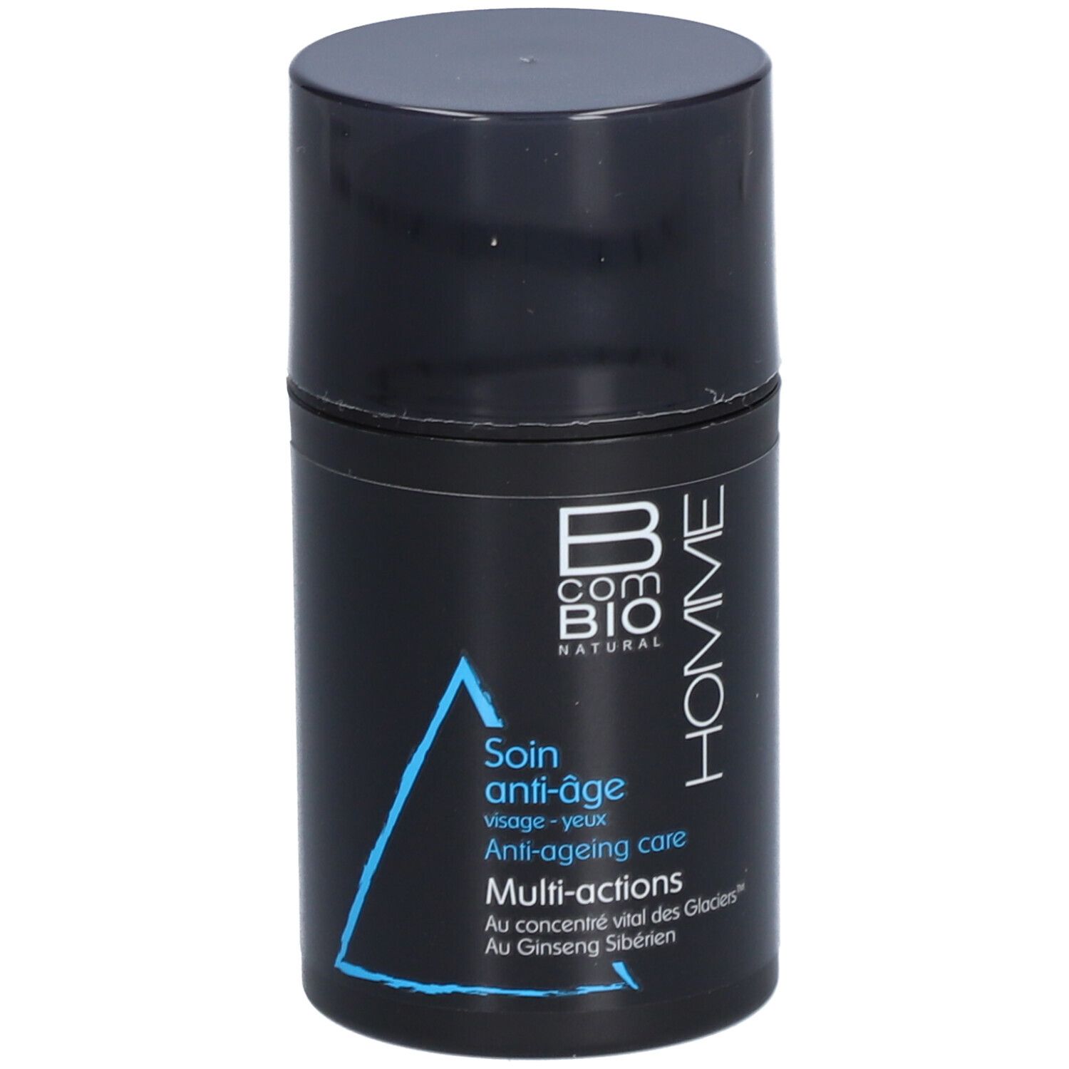 Flacon cylindrique noir avec couvercle. Inscription: B COM BIO HOMME, Soin anti-âge, Multi-actions.