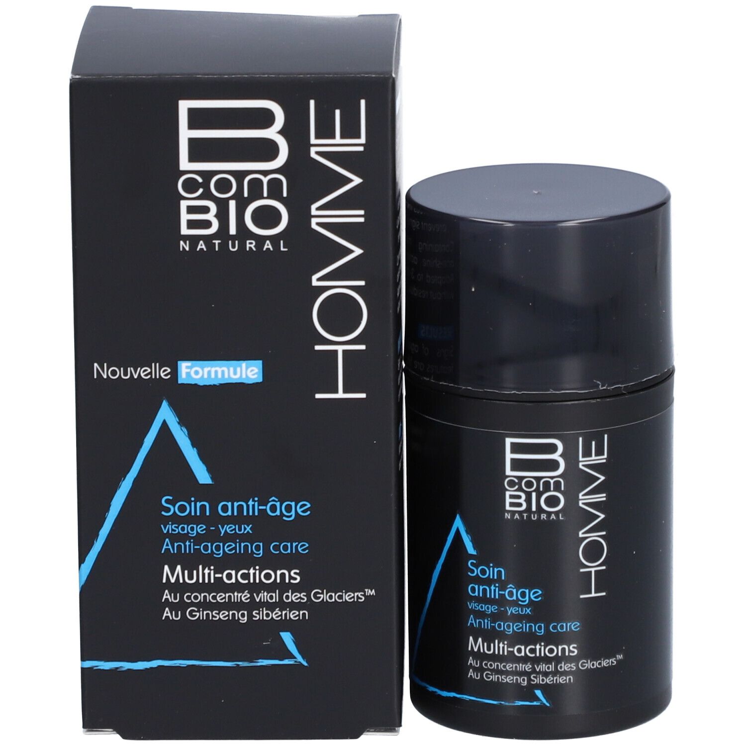 Boîte et flacon noirs. Inscription: B COM BIO HOMME, Nouvelle Formule, Soin anti-âge, Multi-actions.
