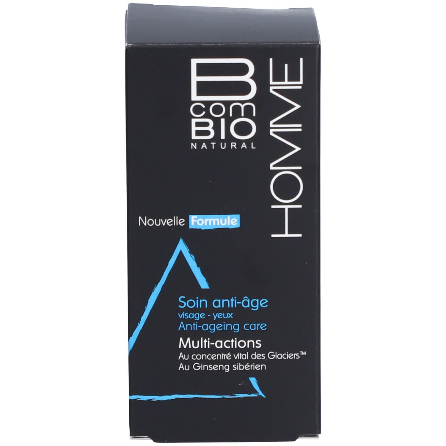Boîte noire. Inscription: B COM BIO HOMME, Nouvelle Formule, Soin anti-âge, Multi-actions.