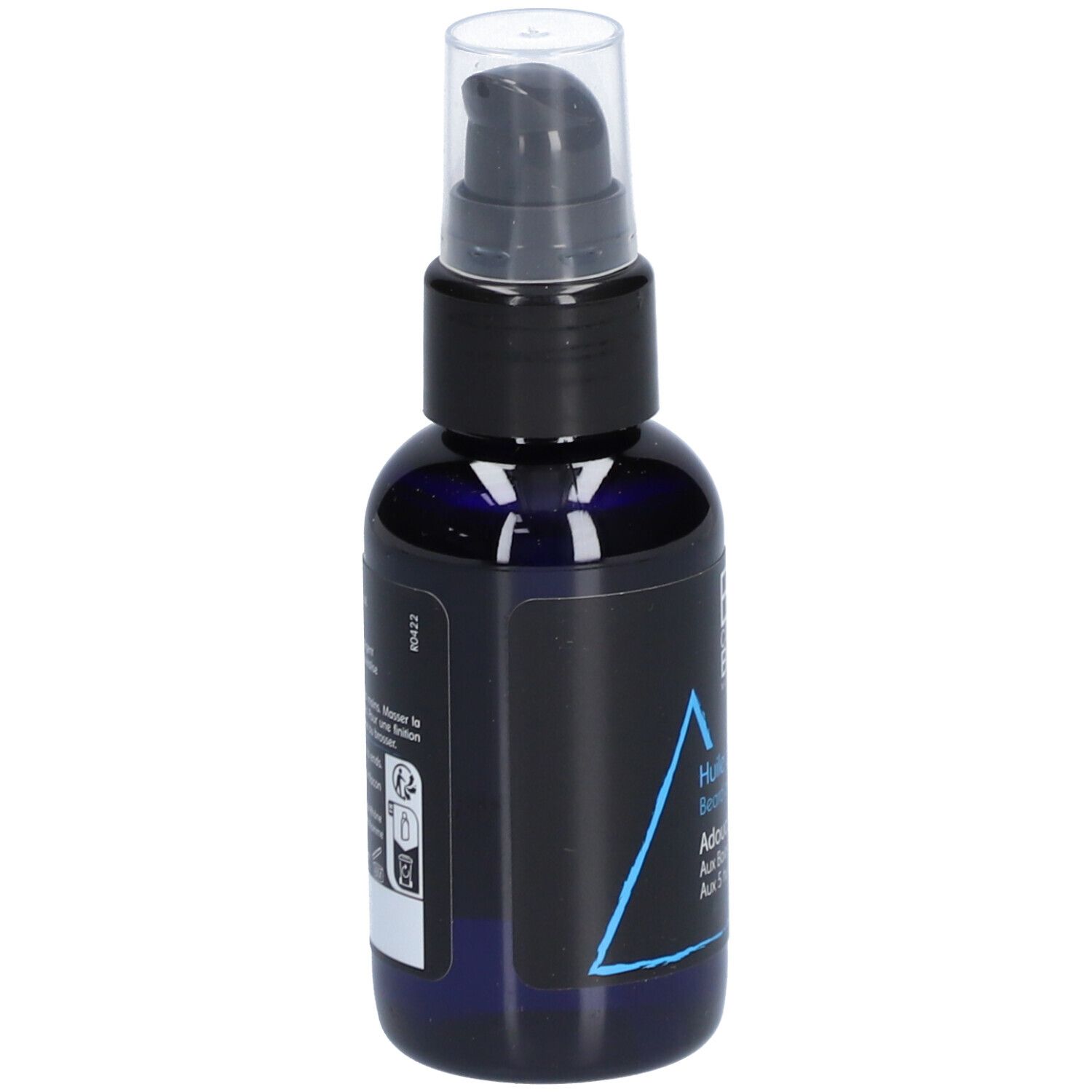 Blaue Flasche mit schwarzem Pumpkopf. Auf der Rückseite Text und Symbole.