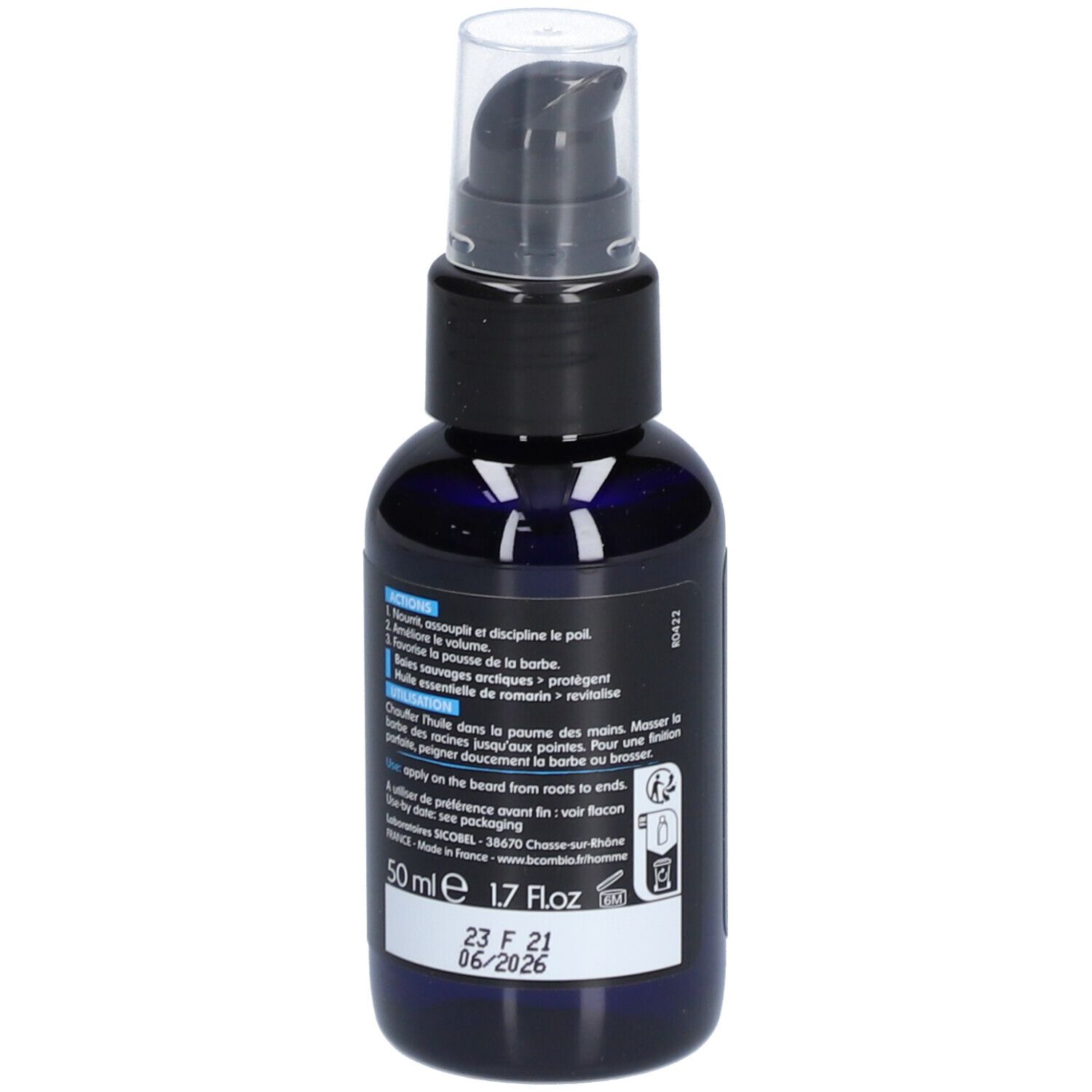 Blaue Flasche mit schwarzem Pumpkopf. Aufschrift und Text auf der Rückseite, u.a. 50 ml.