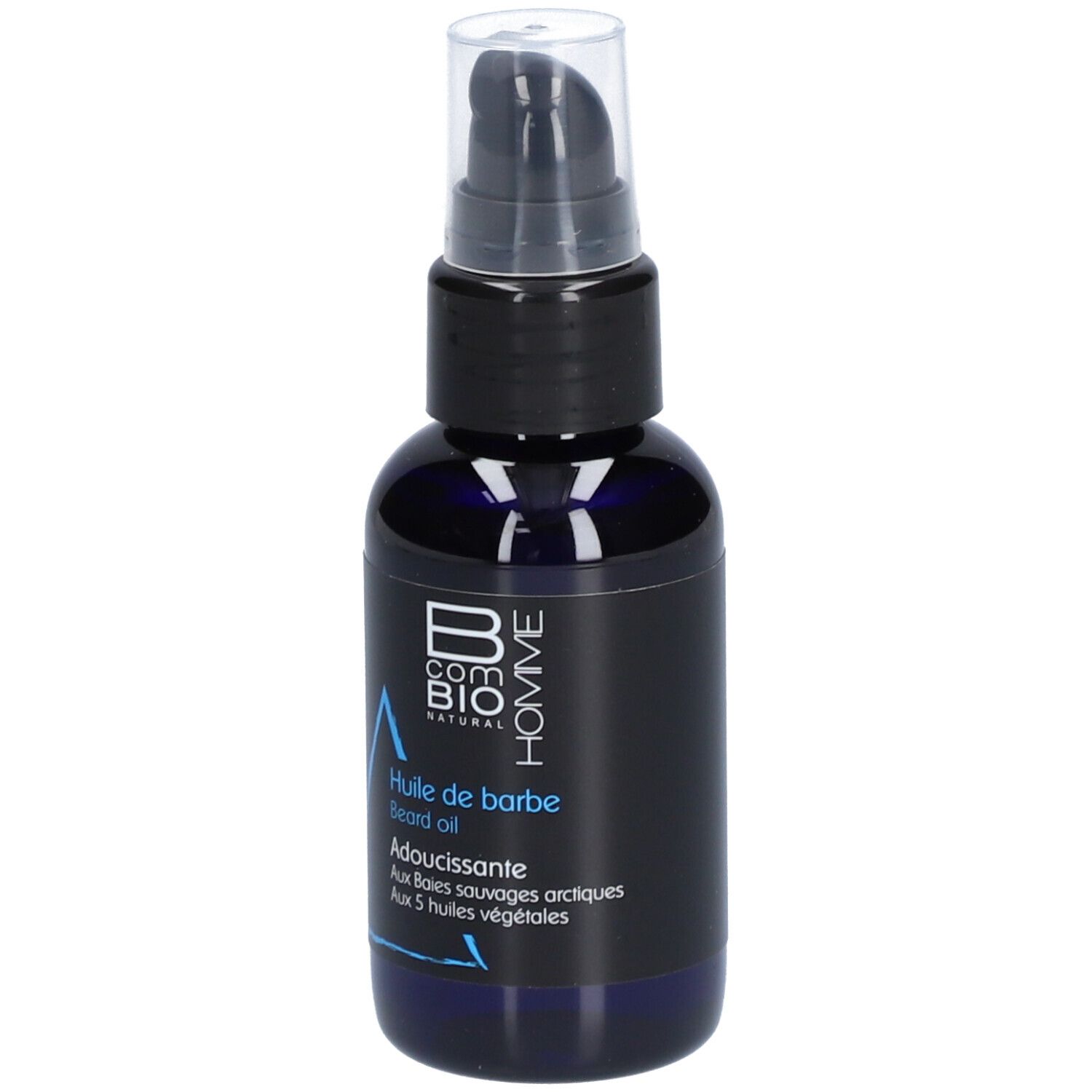 Blaue Flasche mit schwarzem Pumpkopf. Aufschrift: B COM BIO HOMME, Huile de barbe, Adoucissante.