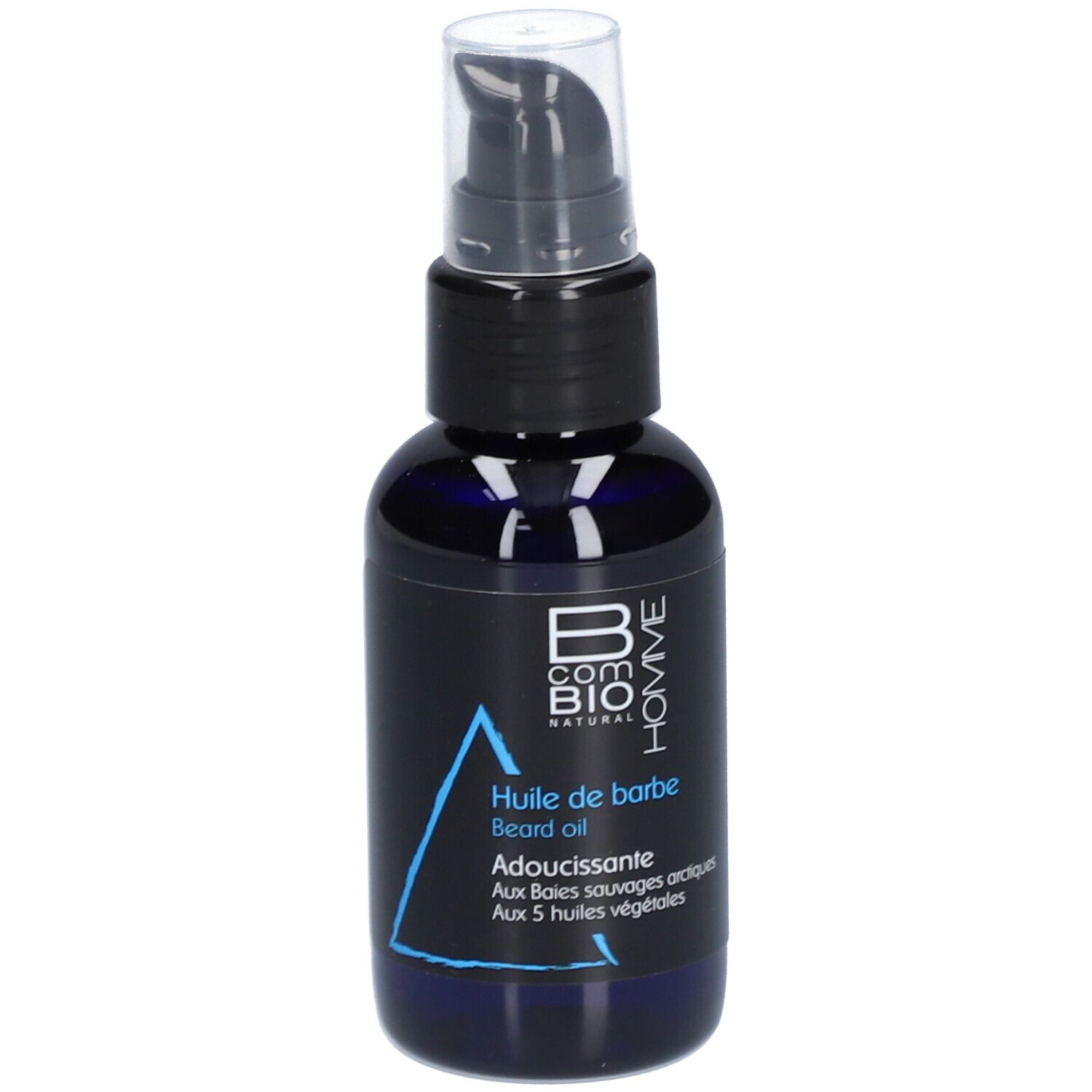 Blaue Flasche mit schwarzem Pumpkopf. Aufschrift: B COM BIO HOMME, Huile de barbe, Adoucissante.