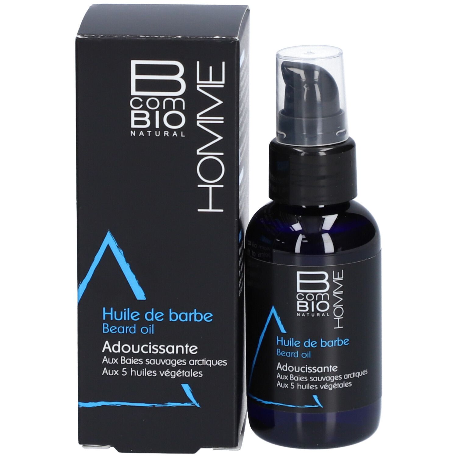Blaue Flasche mit schwarzem Pumpkopf neben einer schwarzen Schachtel. Aufschrift: B COM BIO HOMME.