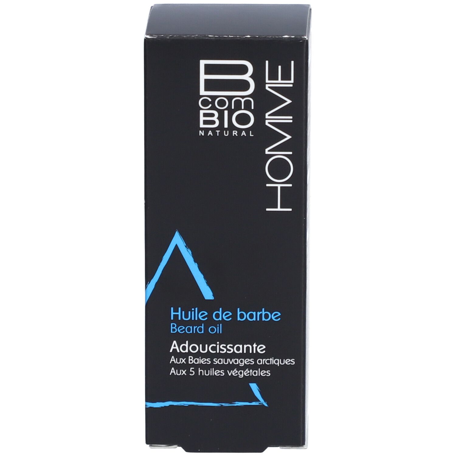 Schwarze Schachtel mit Aufschrift: B COM BIO HOMME, Huile de barbe, Adoucissante.