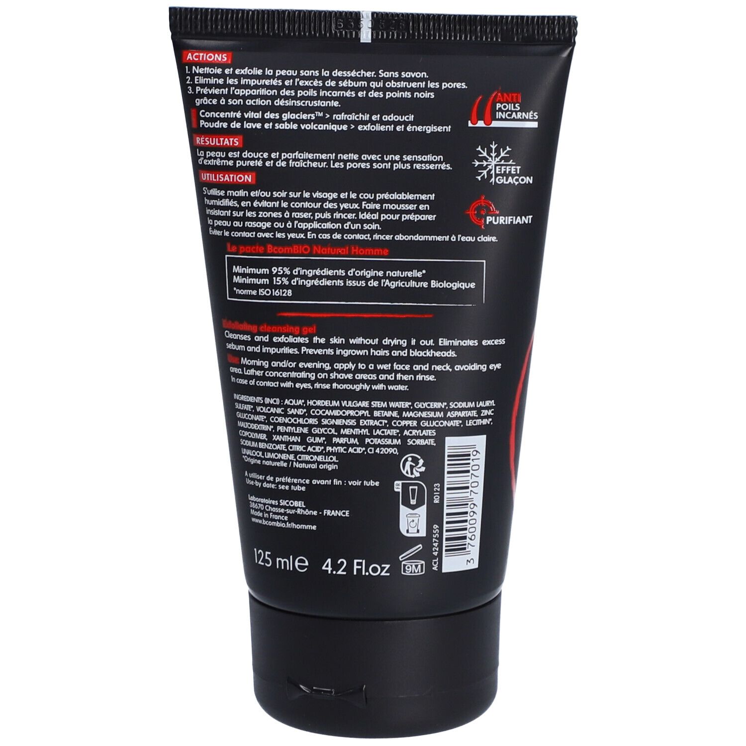 Dos du tube noir. Texte en blanc et rouge. Ingrédients et instructions. "125 ml" et labels de qualité.