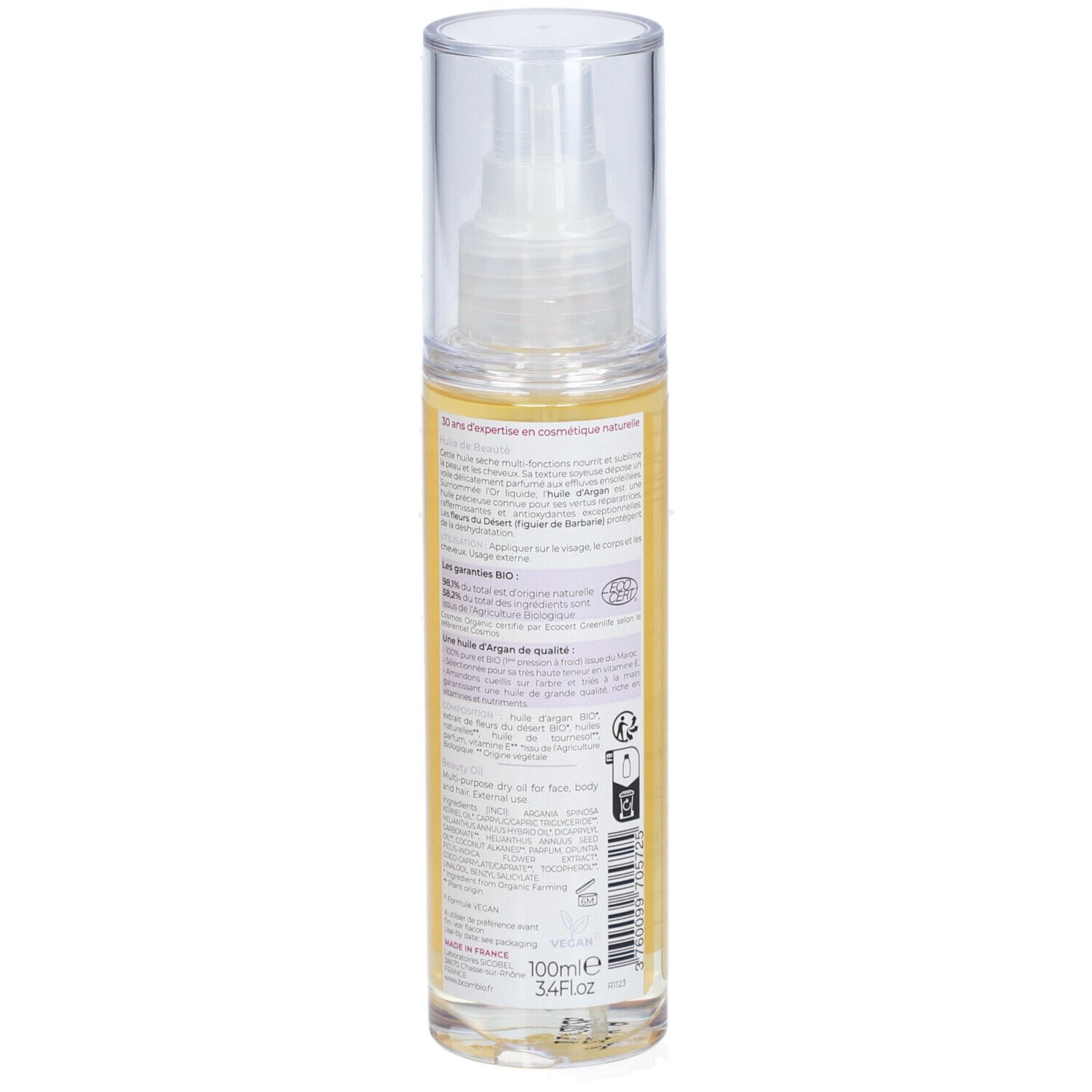 Vue arrière du flacon. Étiquette avec texte. Certification bio. Vaporisateur transparent.