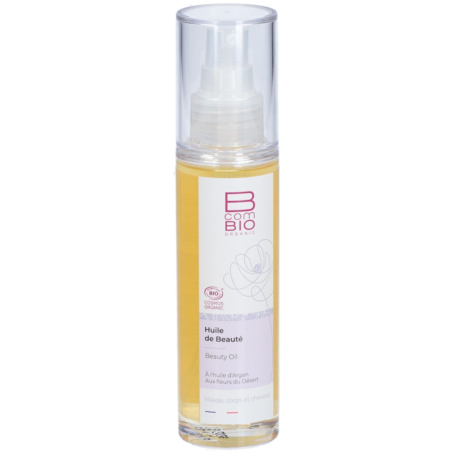 Flacon transparent avec vaporisateur. Étiquette avec logo et nom du produit. Certification bio.