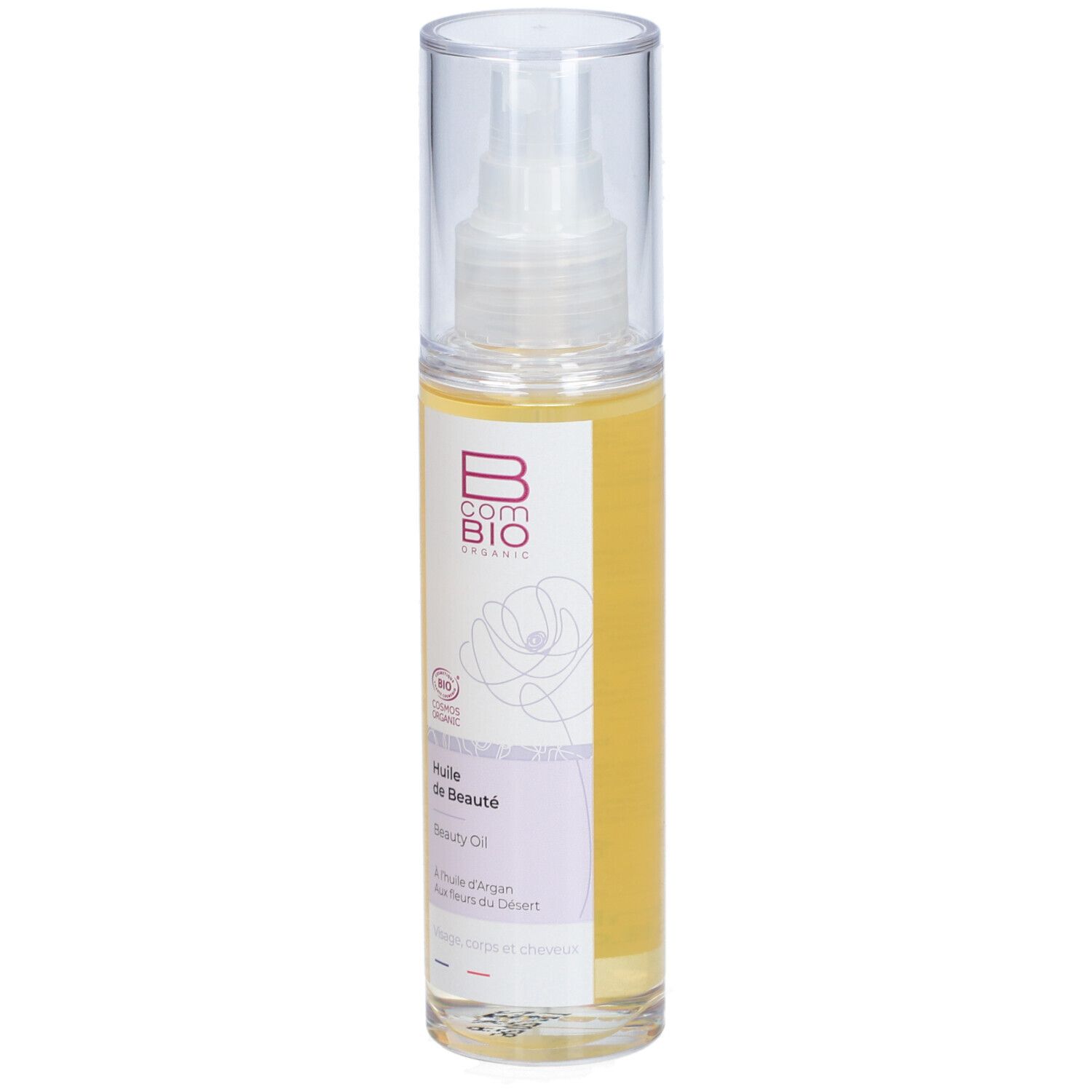 Flacon transparent avec vaporisateur. Étiquette avec logo et nom du produit. Certification bio.