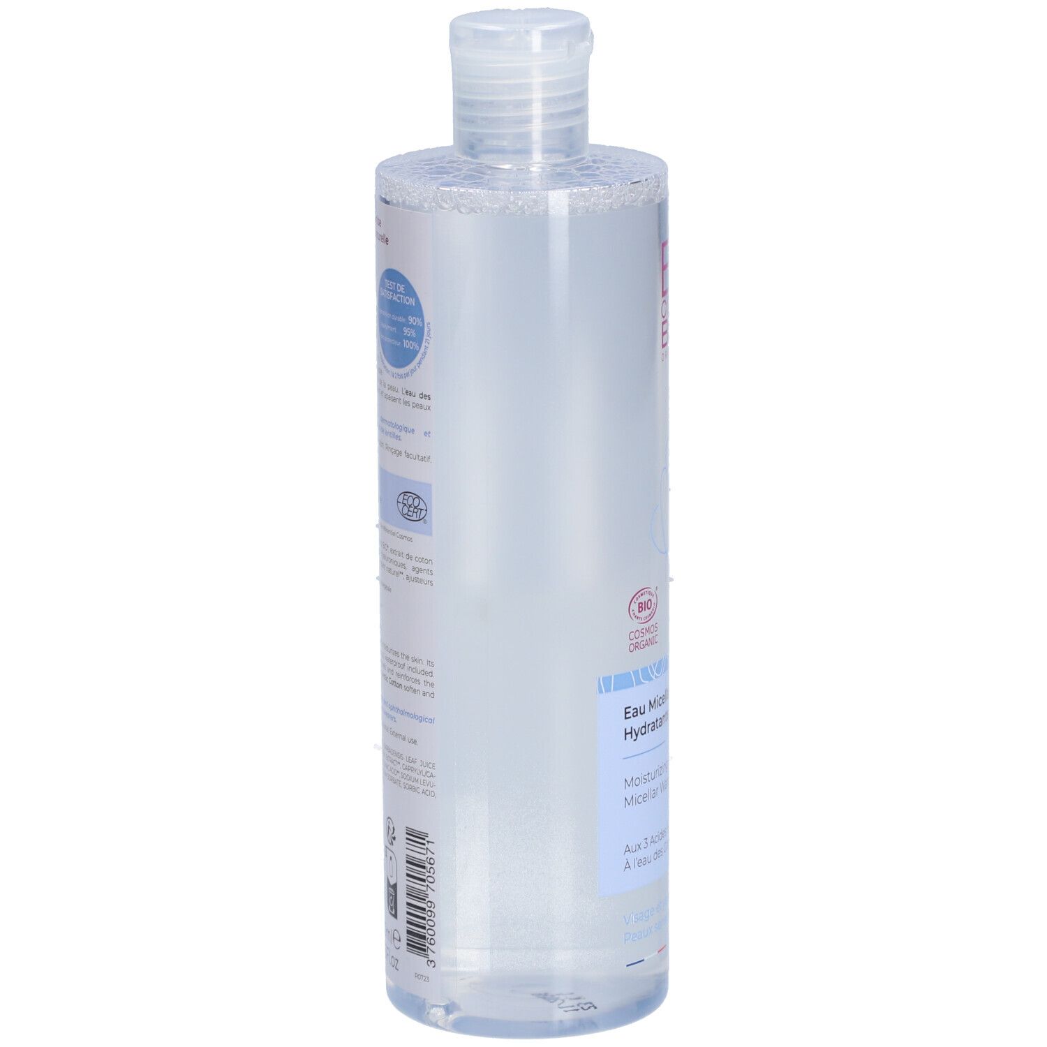 Transparante fles met witte dop. Etiket met tekst en barcode. Bio-certificering.