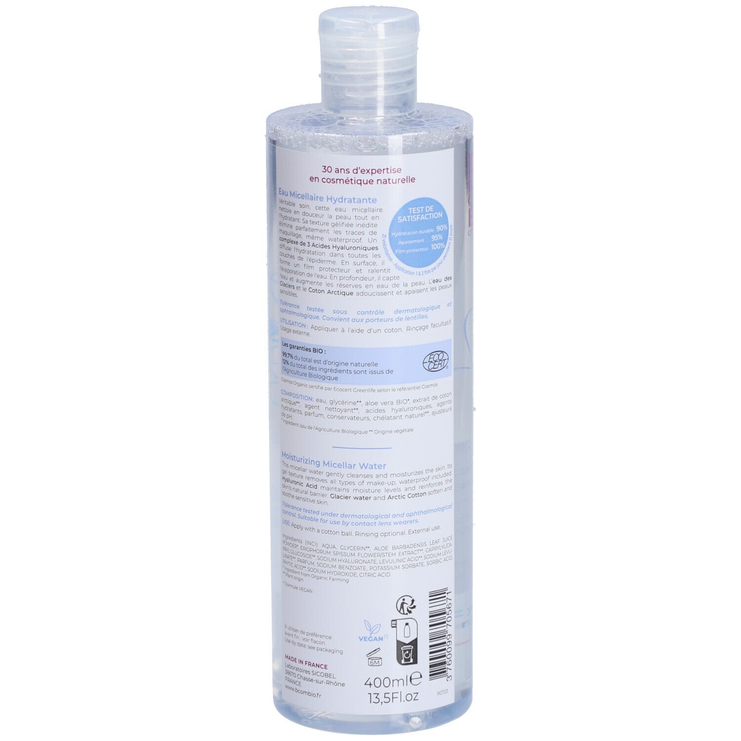 Transparante fles met witte dop. Achterkant met tekst, barcode en volume-aanduiding: 400ml.