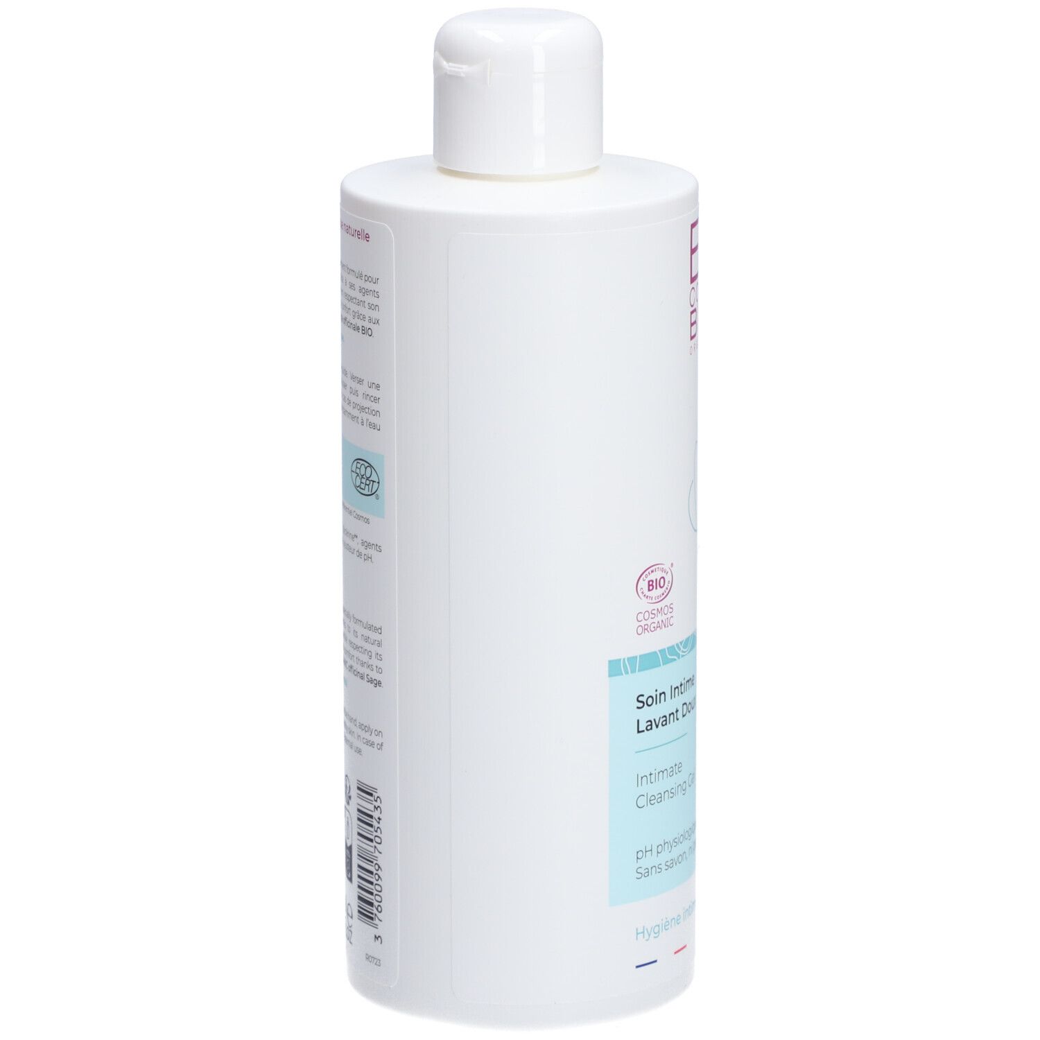 Flacon blanc avec bouchon à vis. Texte et logos sur le côté. Certification bio.