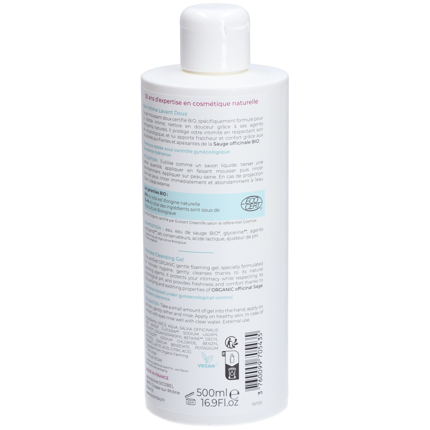 Flacon blanc avec bouchon à vis. Dos avec texte. Certification bio, logo vegan, 500ml.