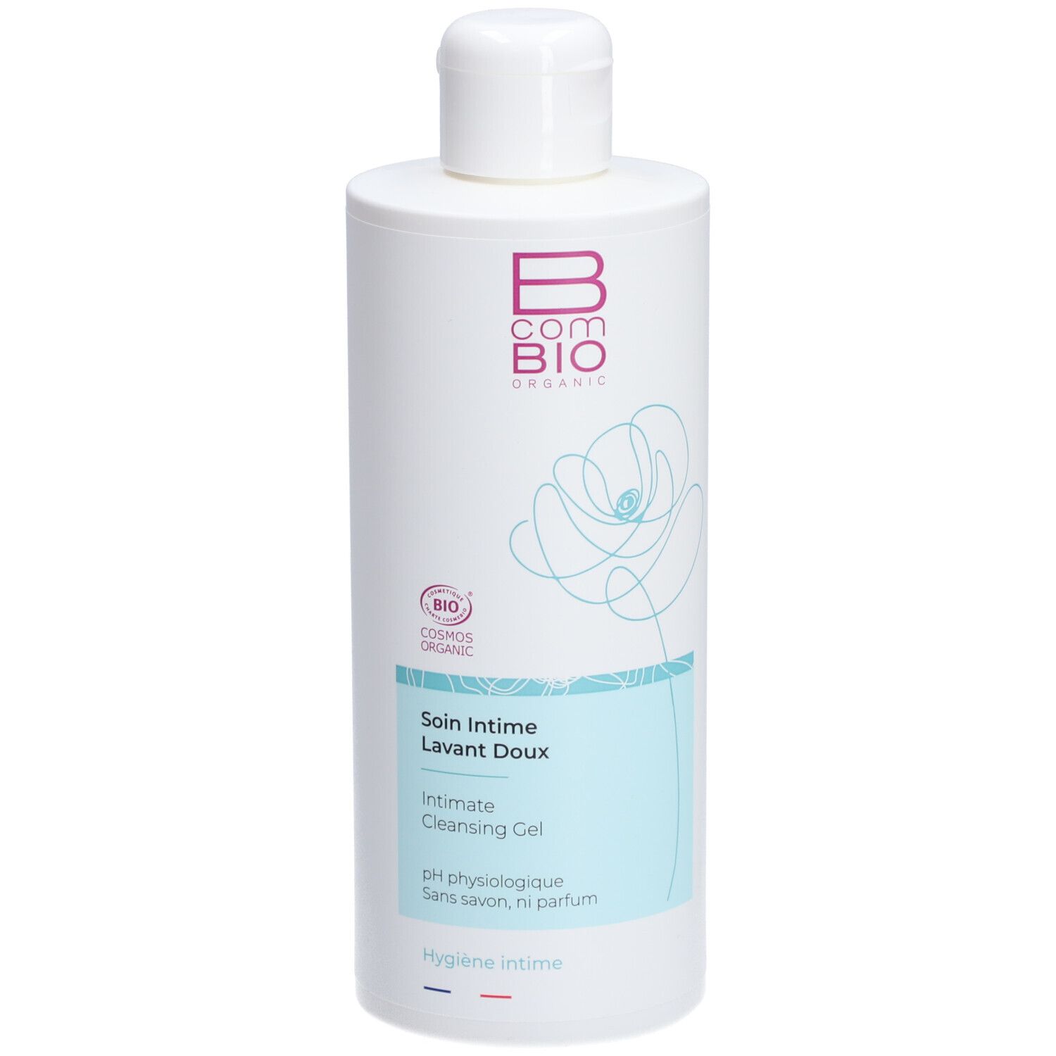 Flacon blanc avec bouchon à vis. Inscription : Bcom Bio Organic, Soin Intime Lavant Doux, Intimate Cleansing Gel.