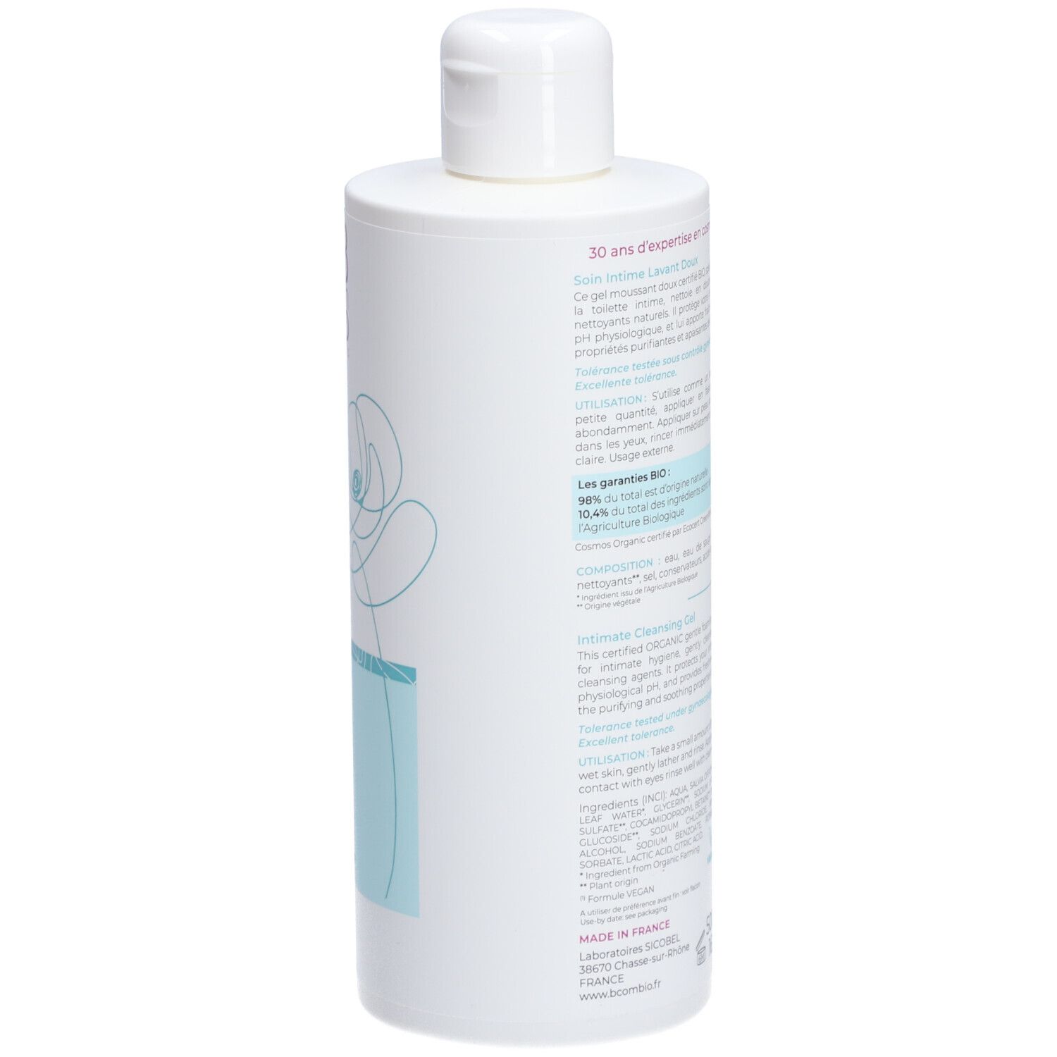 Flacon blanc avec bouchon à vis. Dos avec texte. Certification bio, Fabriqué en France.