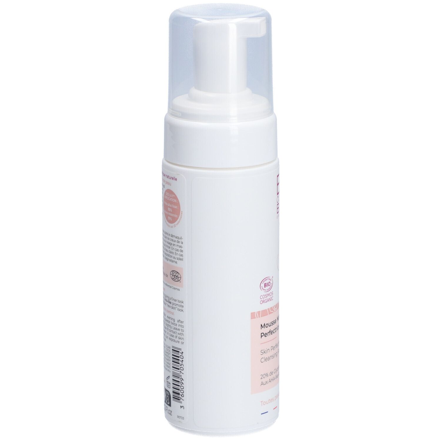 Flacon blanc avec pompe. Texte et logos sur le côté. Nom du produit: Mousse nettoyante perfectrice de peau.