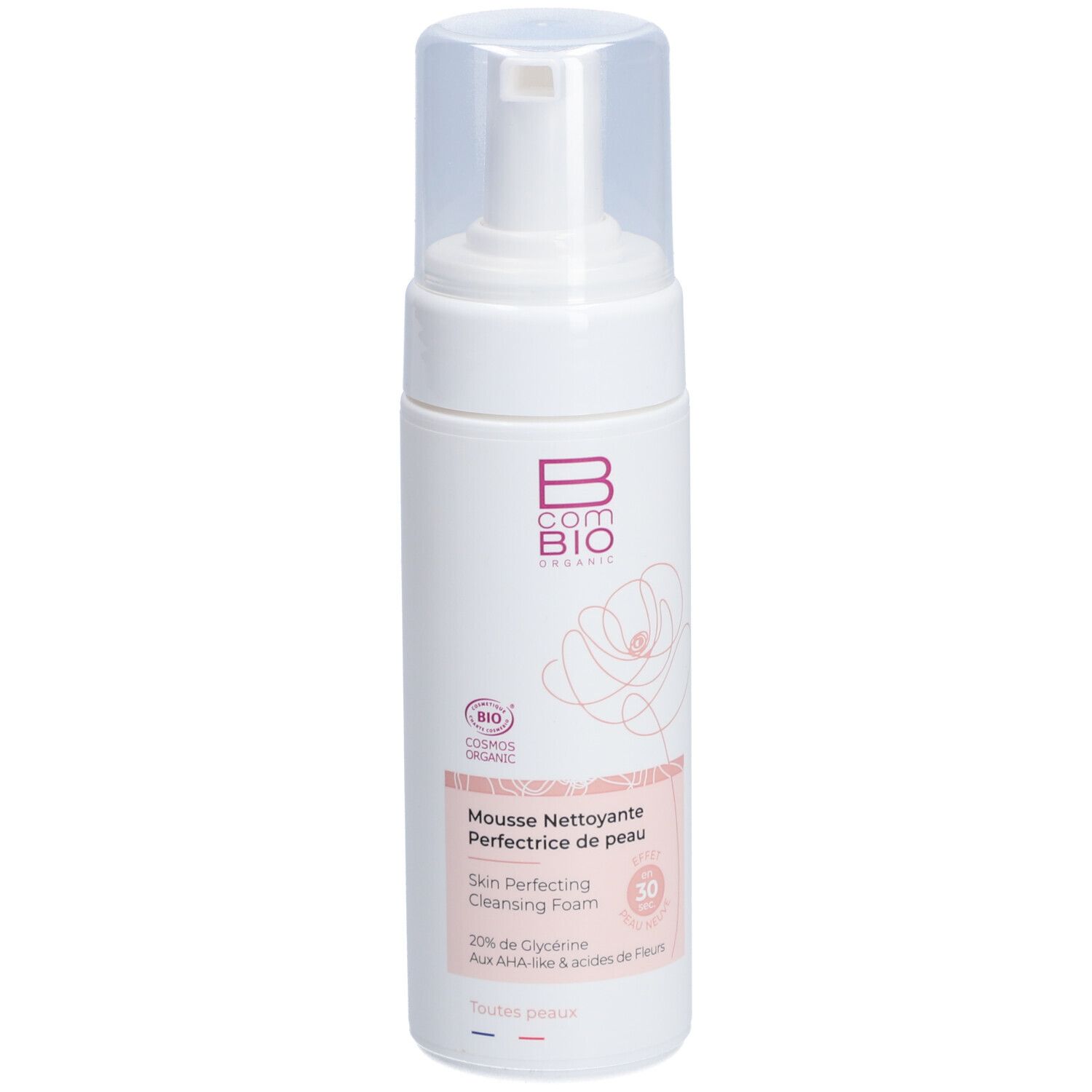 Flacon blanc avec pompe. Inscription: B COM BIO, Mousse nettoyante perfectrice de peau, Skin Perfecting Cleansing Foam.