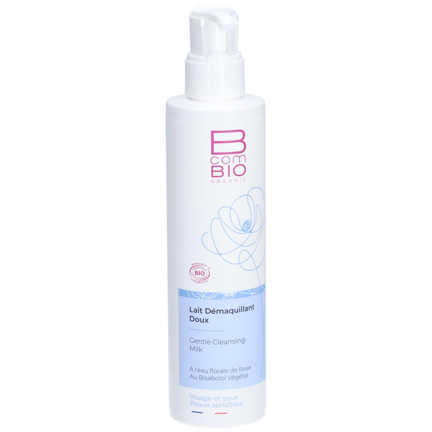 Weiße Flasche mit Pumpe. Aufschrift: B COM BIO ORGANIC, Lait Démaquillant Doux. Bio-Siegel.