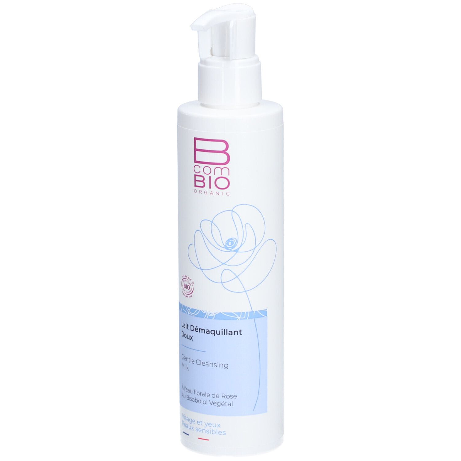 Weiße Flasche mit Pumpe. Aufschrift: B COM BIO ORGANIC, Lait Démaquillant Doux. Bio-Siegel.