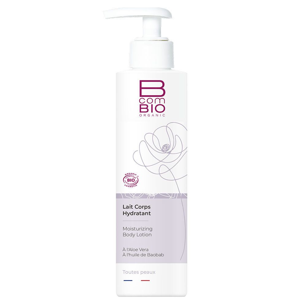 Flacon blanc avec pompe. Inscription: B COM BIO ORGANIC. Lait Corps Hydratant. Avec Aloe Vera et huile de Baobab. Certification bio.