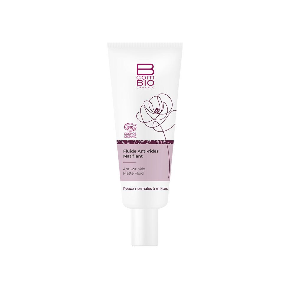 Tube blanc avec accents violets. Inscription : B COM BIO, Fluide Anti-rides Matifiant. Certification bio.