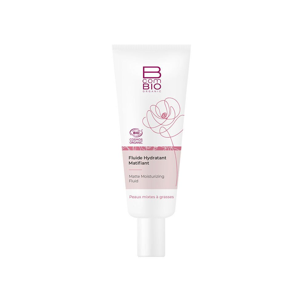 Weiße Tube mit rosa Akzenten. Text: Flui Hydratant Matifiant. Logo: B COM BIO. Bio-Zertifizierung.