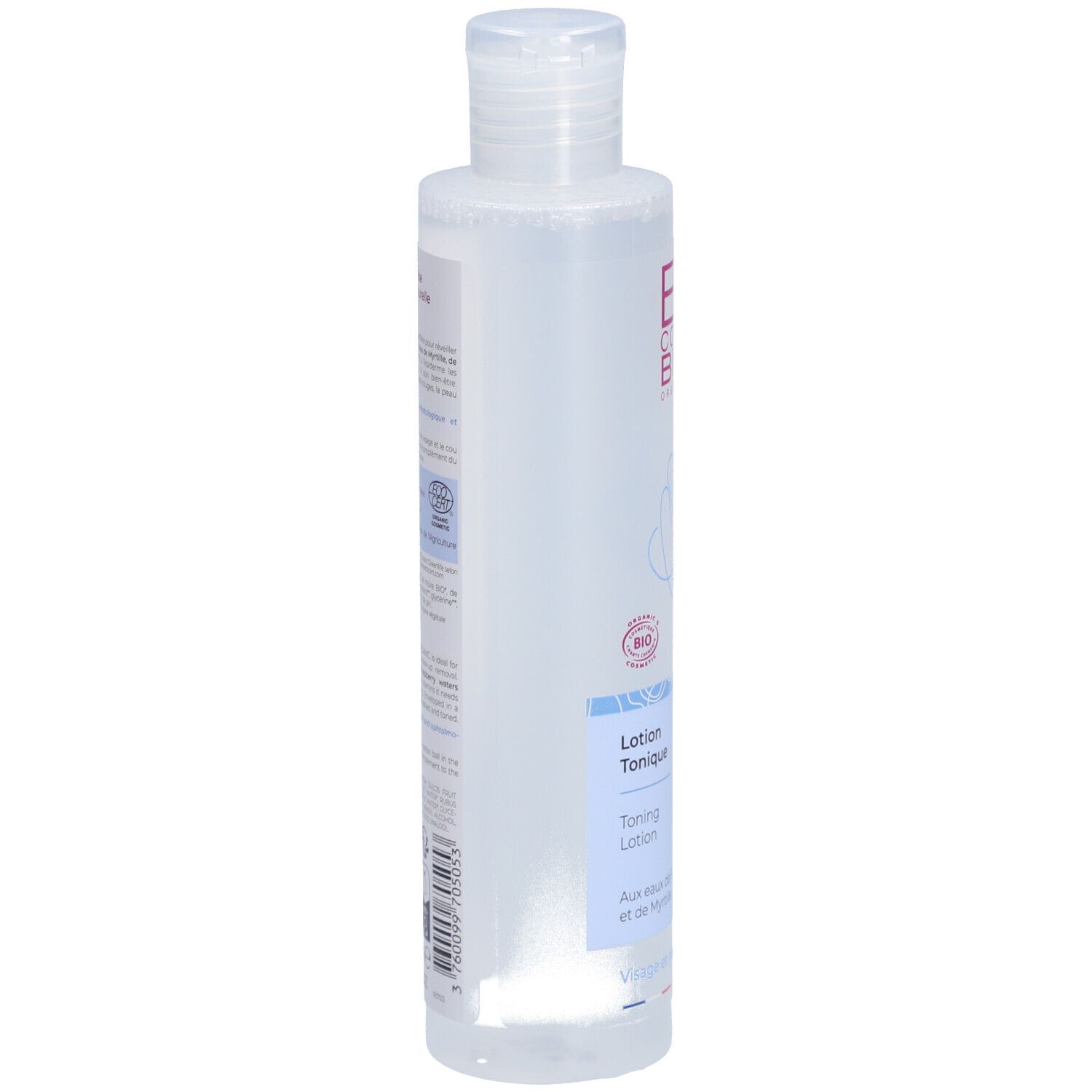 Flacon transparent avec bouchon blanc. Inscriptions et étiquette avec texte.