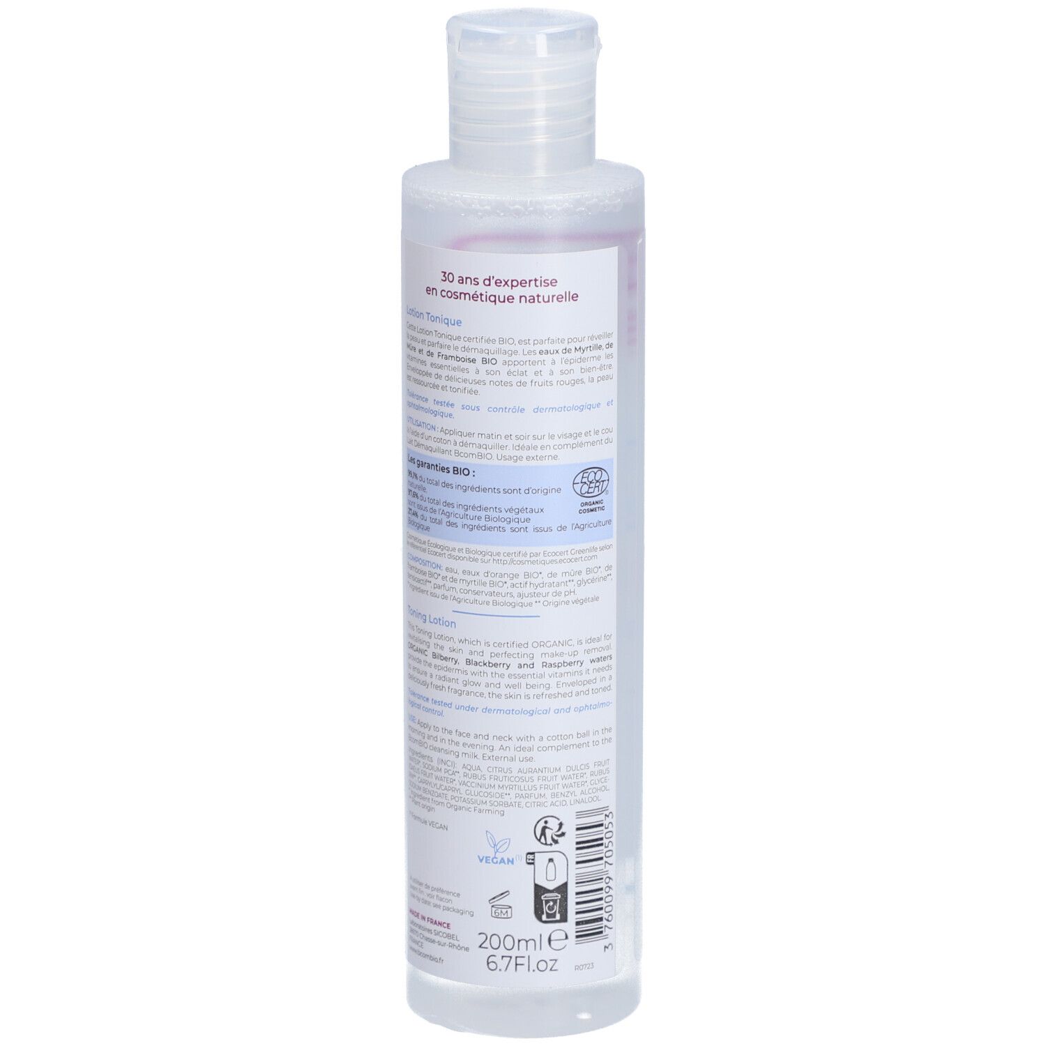 Flacon transparent avec bouchon blanc. Étiquette avec texte, 200ml, label bio, logo vegan.