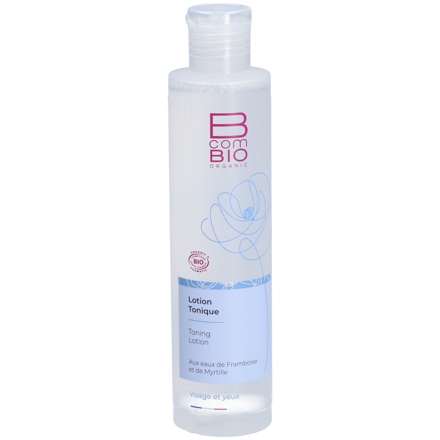Flacon transparent avec bouchon blanc. Inscription: B COM BIO, Lotion Tonique, label bio.