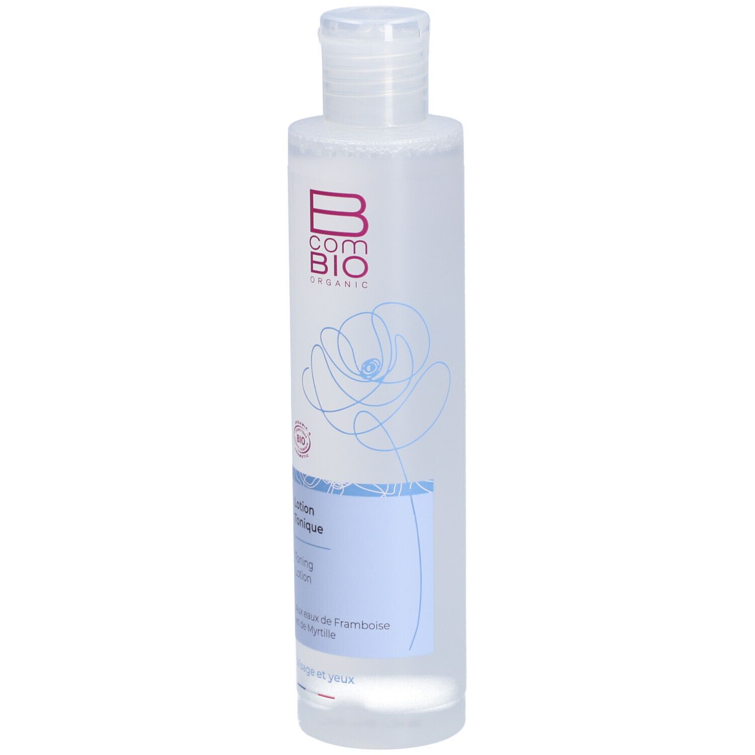 Flacon transparent avec bouchon blanc. Inscription: B COM BIO, Lotion Tonique, label bio.