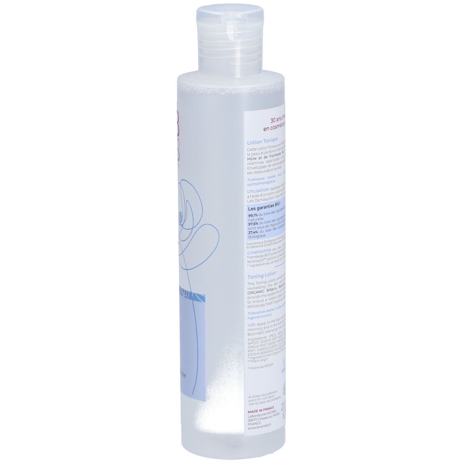 Flacon transparent avec bouchon blanc. Étiquette avec texte, 200ml, label bio, logo vegan.