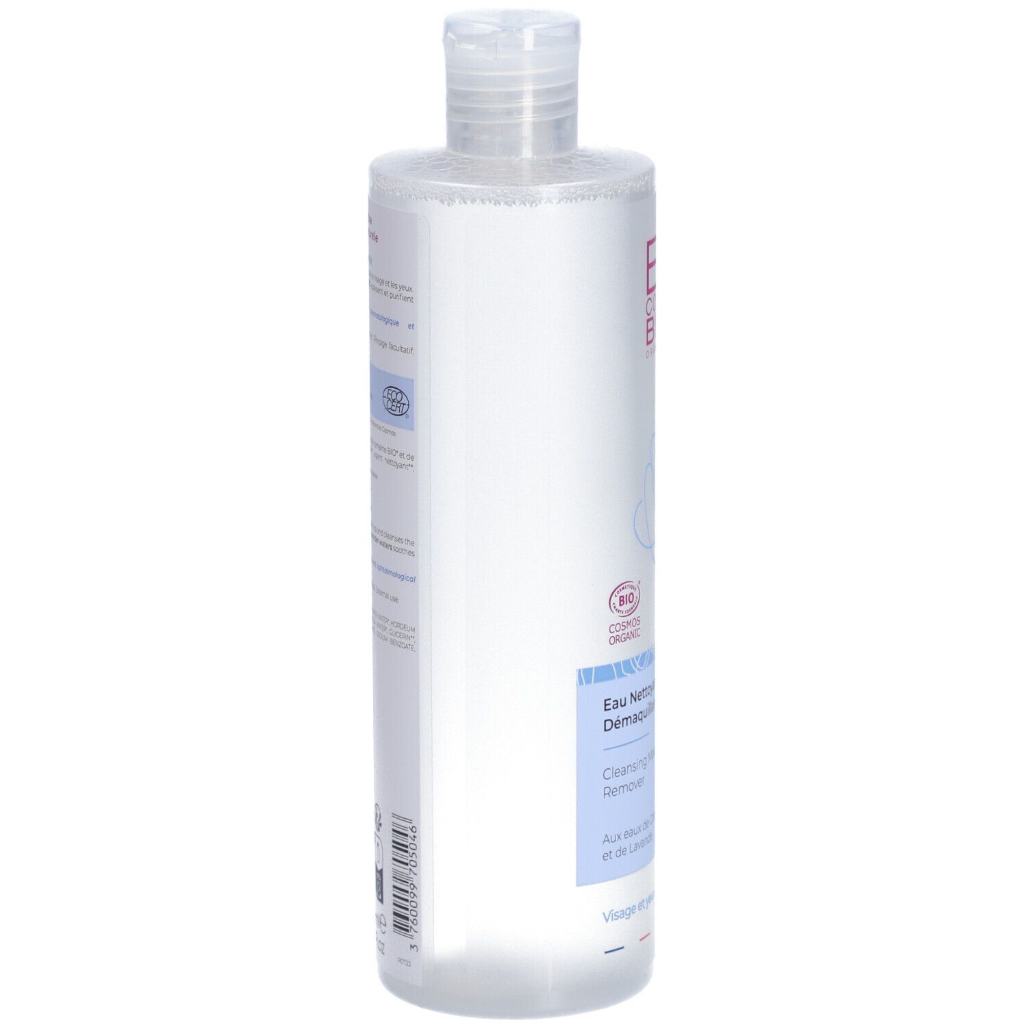 Flacon transparent avec étiquette. Inscription: B COM BIO ORGANIC, Eau nettoyante démaquillante. Avec camomille et lavande.