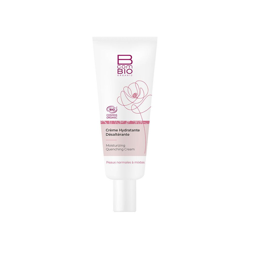 Weiße Tube mit rosa Logo und Schriftzug. "Crème Hydratante Désaltérante". Bio-Zertifizierung.