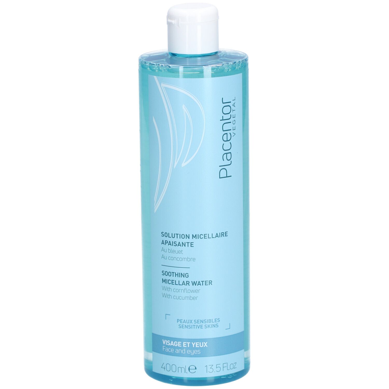 Flacon bleu clair avec bouchon blanc. Inscription : SOLUTION MICELLAIRE APAISANTE, SOOTHING MICELLAR WATER. 400ml.
