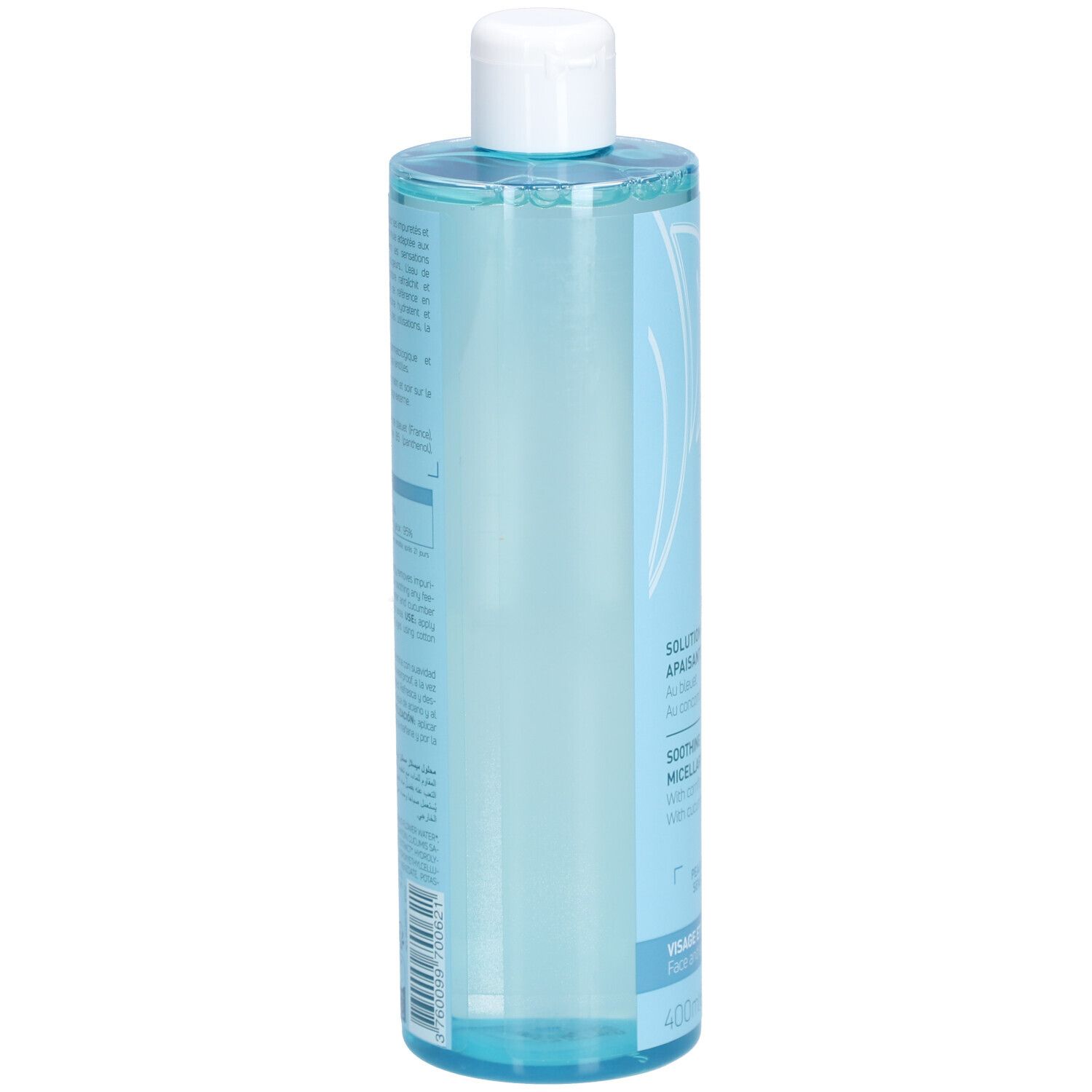Flacon bleu clair avec bouchon blanc. Dos avec texte. 400ml. Étiquette avec code-barres.