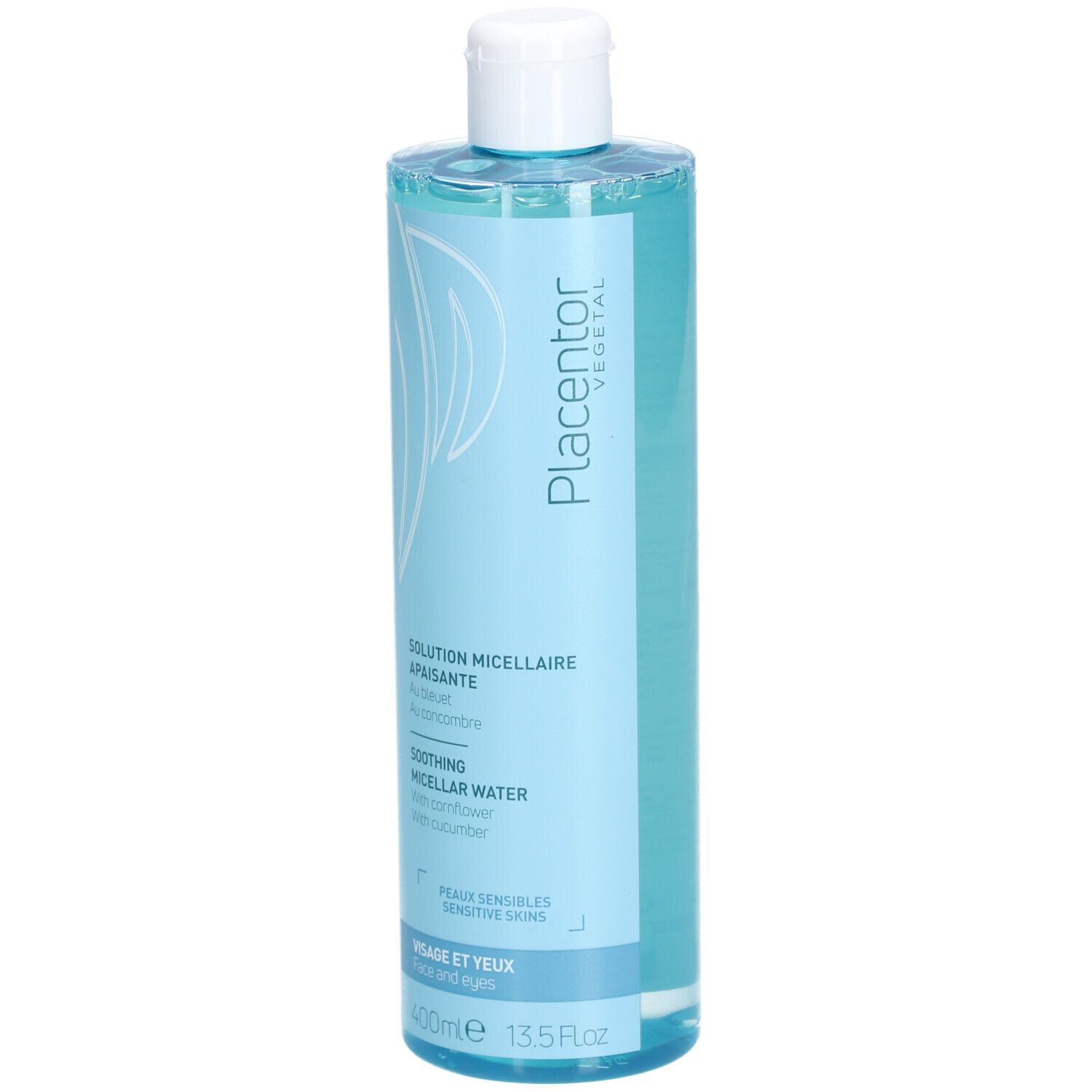 Flacon bleu clair avec bouchon blanc. Inscription : SOLUTION MICELLAIRE APAISANTE, SOOTHING MICELLAR WATER. 400ml.