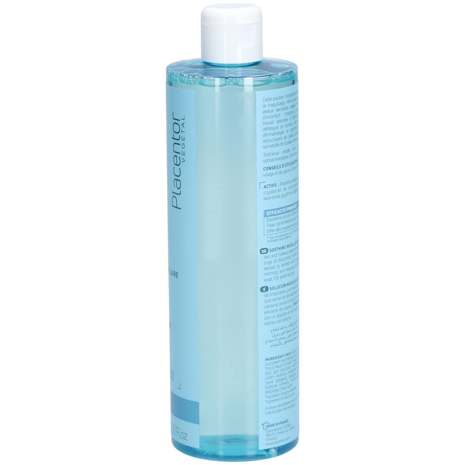 Flacon bleu clair avec bouchon blanc. Dos avec texte. 400ml. Étiquette avec ingrédients et utilisation.
