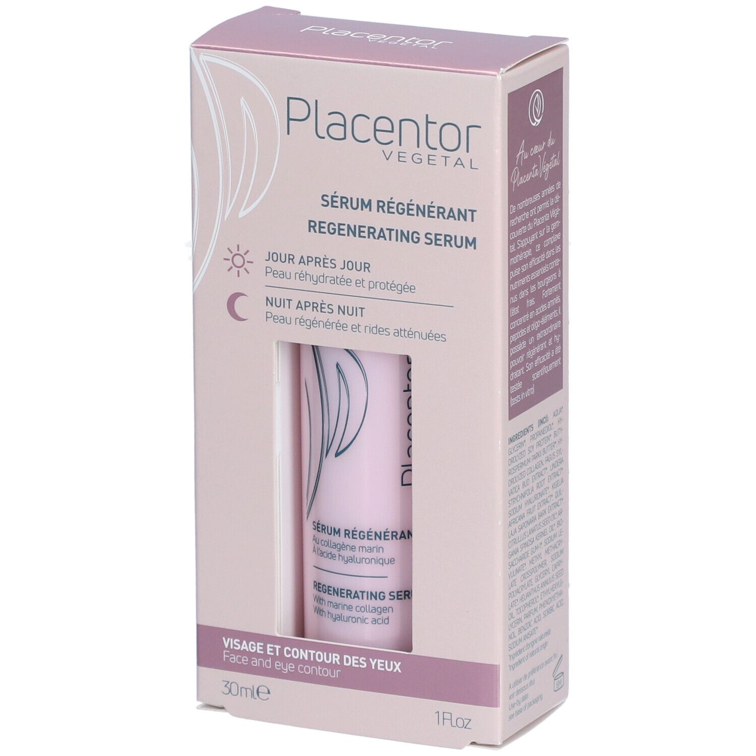 Placentor VEGETAL SÉRUM RÉGÉNÉRANT. Boîte rose avec flacon. Texte: Sérum Régénérant, Visage et contour des yeux.