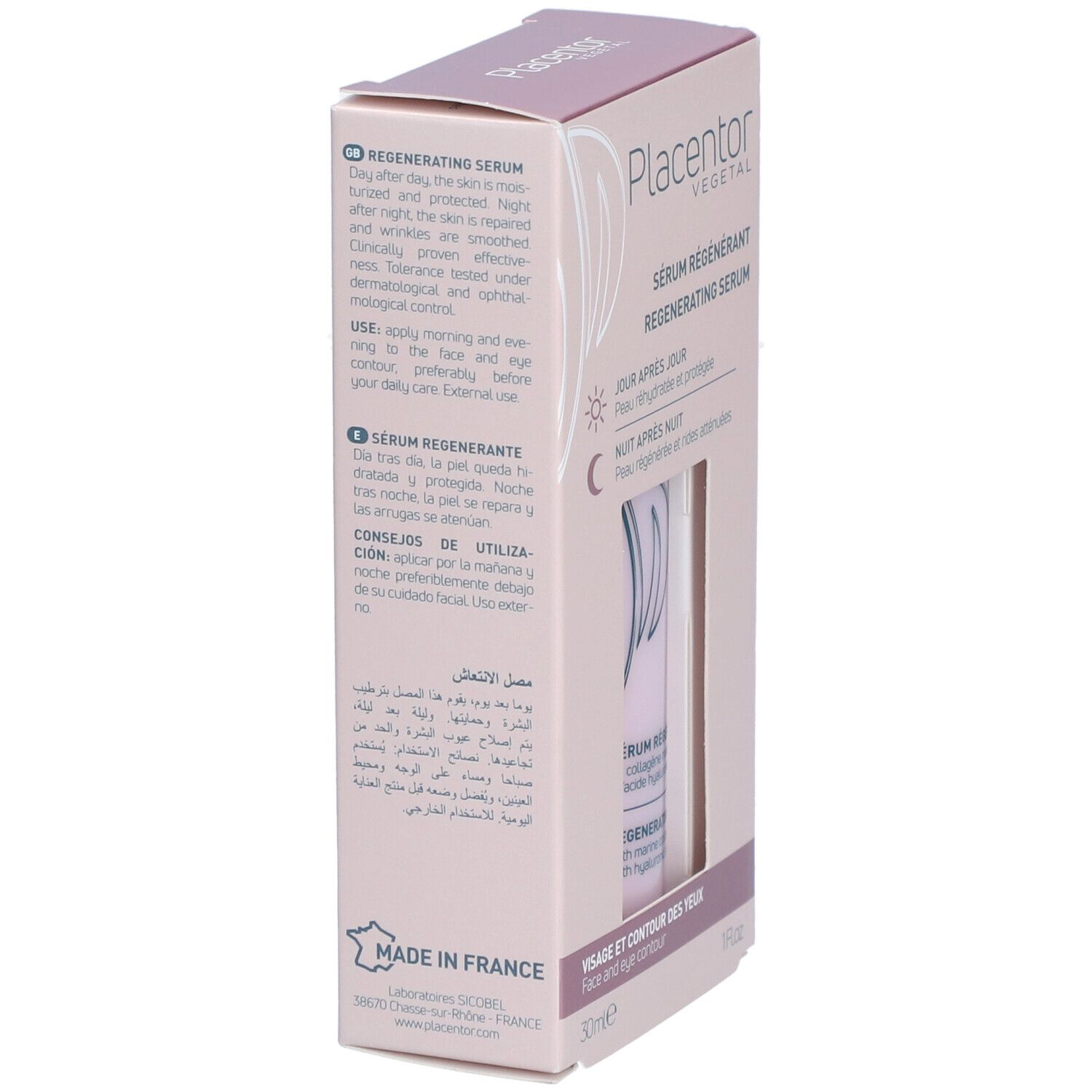 Placentor VEGETAL SÉRUM RÉGÉNÉRANT. Boîte rose. Texte: Sérum Régénérant, Visage et contour des yeux. Fabriqué en France.